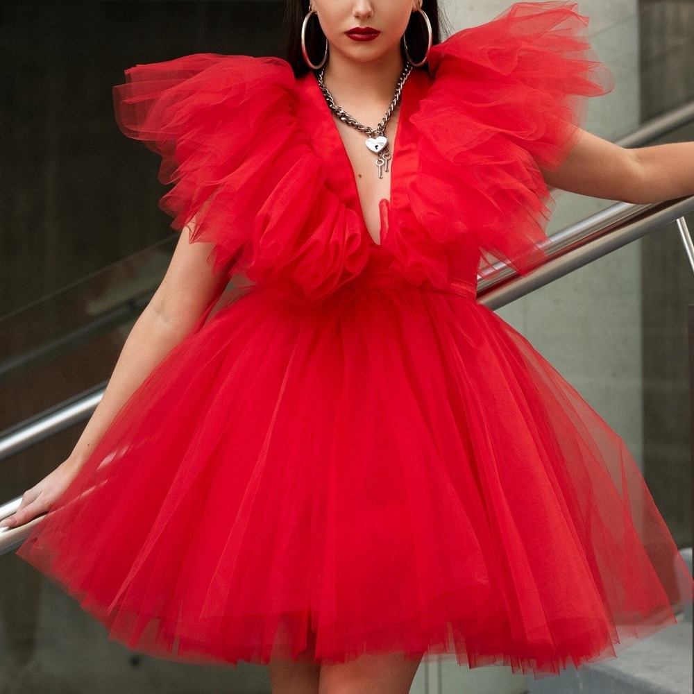 Red Tulle Ruffled Mini Dress by Kate Hewko NWT - Emily In Paris Inspired